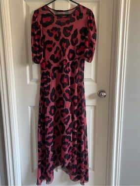 Pink Leopard-Print Sheer Dress with Puff Sleeves